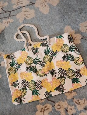 Tropical Pineapple Canvas Tote Bag in Yellow & Green - Rope Handle